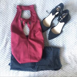 FOREVER 21 Plunging Neck Choker Bodysuit Red